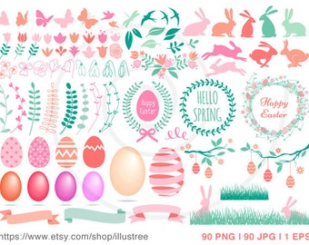 90 Easter clip art, Easter bunny, Easter egg, flower clipart, spring, floral, digital clipart, commercial use, EPS, SVG, instant download