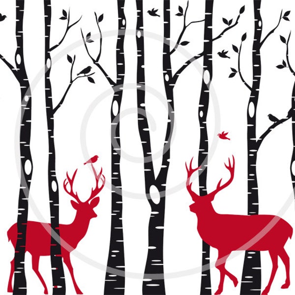 Christmas card, birch trees with reindeer, digital clipart, printable wall art, digital art print, home decoration, EPS, SVG files, download