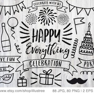 88 Celebration, party, birthday clip art, hand drawn digital clipart, overlays, bundle, commercial use, PNG, EPS, SVG file, instant download