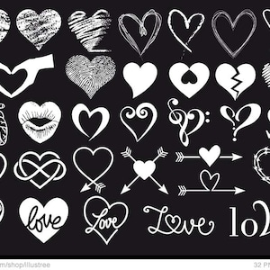 May include: A set of 32 black and white heart-shaped graphics, including hearts with different textures, hearts with arrows, hearts with infinity symbols, hearts with peace signs, hearts with words, and hearts with musical notes. The graphics are perfect for use in digital scrapbooking, card making, and other craft projects.