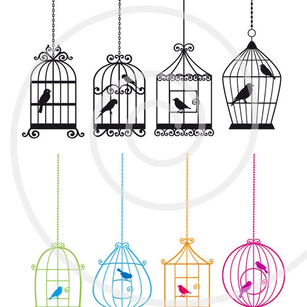 Birdcages with birds, digital clip art set, digital scrapbooking, home decoration, commercial use, PNG, EPS, SVG file, instant download