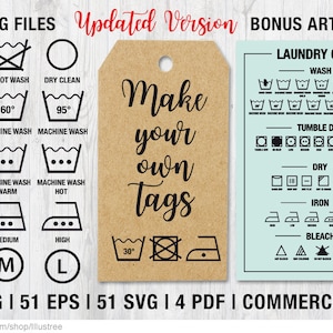 Textile care symbols, 102 laundry icons, washing guide, digital clip art, art print, printable, PDF, SVG files, commercial use, download image 1