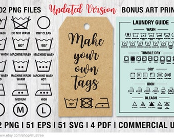 Textile care symbols, 102 laundry icons, washing guide, digital clip art, art print, printable, PDF, SVG files, commercial use, download