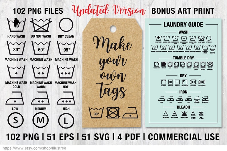 Textile care symbols, 102 laundry icons, washing guide, digital clip art, art print, printable, PDF, SVG files, commercial use, download image 1