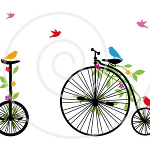 Vintage bicycle with birds, digital clip-art, clipart, clip art, leaves and flowers, bike, printable, print, vector, SVG, instant download