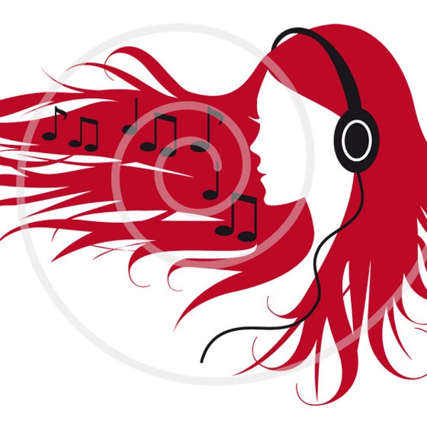 Woman with headphones and music notes in her hair, DJ, silhouette, digital clip art, clipart, illustration, printable, vector, download