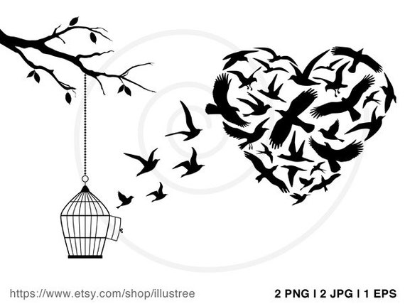 Heart With Flying Birds Tree And Birdcage Illustration Etsy