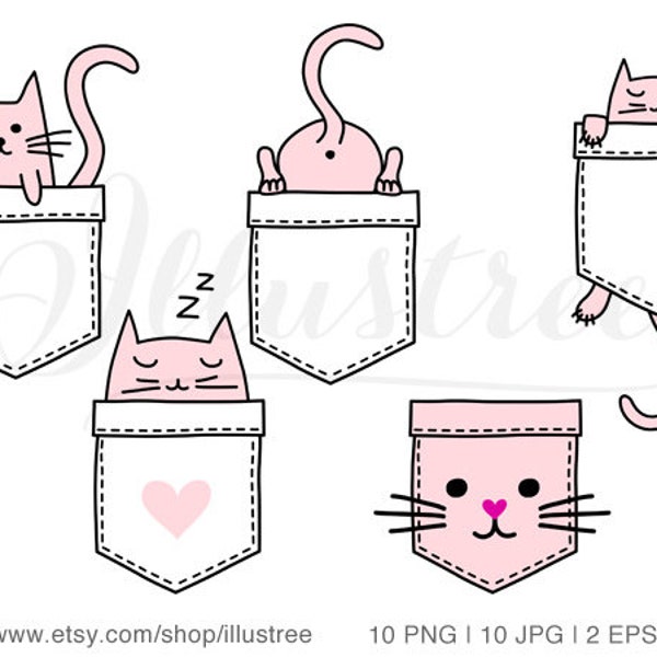 Cute cat in a pocket, digital clip art set for t-shirt, bag, gift for pet lovers, black cat SVG, PNG, JPG, eps, vector, instant download