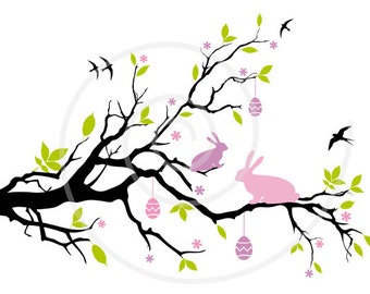 Printable Easter card, Easter bunny on spring tree, Easter egg, rabbit, digital clipart, clip art, wall art, print, poster, instant download