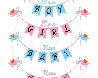 Baby shower, new baby, boy, girl, blue and pink bunting flags, garland, digital clip art, commercial use, PNG, EPS, SVG, instant download