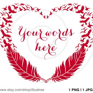 Feather heart with flying birds, printable card, digital art print, wall art, digital clipart for cardmaking, scrapbooking, EPS, download