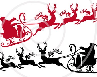 Santa svg, Santa Claus with reindeer and his sleigh, printable Christmas card, digital clip art, commercial use, EPS, PNG, instant download