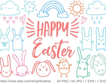 64 Easter clip art, Easter photo overlays, bunny, egg, spring flowers, pastel, digital clipart, commercial use, EPS, SVG, instant download