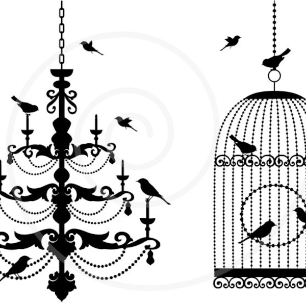 Chandelier and vintage birdcage digital clip art, clipart set, birds, collage, scrapbooking, silhouette, PNG, EPS, SVG, instant download