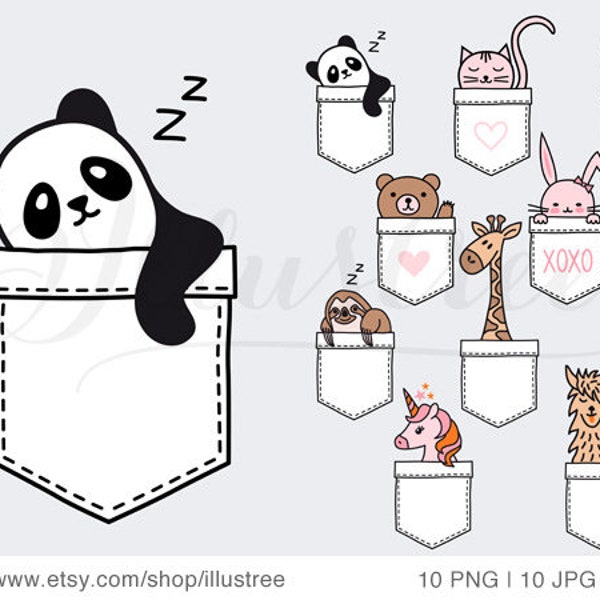 Cute baby animals digital clip art set, pocket, panda, cat, fox, bear, bunny, sloth, unicorn, llama, SVG, PNG, JPG, eps, instant download