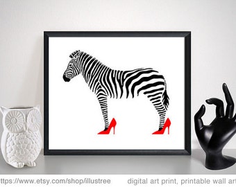 Zebra in pink and red high heels, digital art print, printable wall art, digital print set, fashion print, home decor, instant download