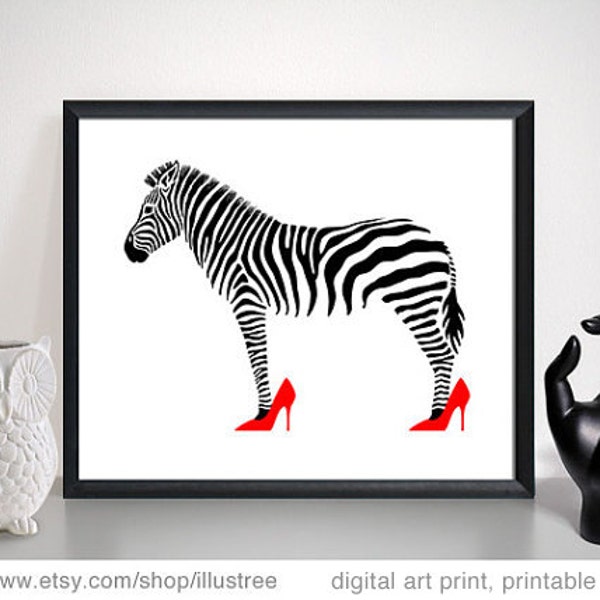 Zebra in pink and red high heels, digital art print, printable wall art, digital print set, fashion print, home decor, instant download