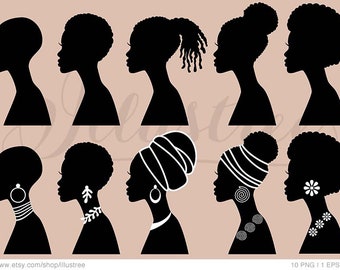 10 Black women silhouettes SVG, woman of color, Afro head, African girl, face, profile, jewelry, fashion illustration, PNG, instant download