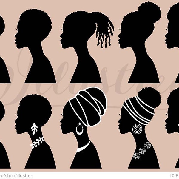 10 Black women silhouettes SVG, woman of color, Afro head, African girl, face, profile, jewelry, fashion illustration, PNG, instant download