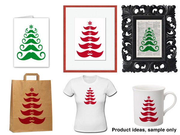 Christmas Tree Christmas Card Red and Green Mustache | Etsy