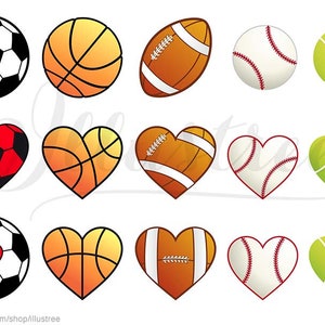 sport balls hearts, football, basketball, soccer, baseball, tennis ball heart, digital clip art set, clipart, PNG, vector EPS, download