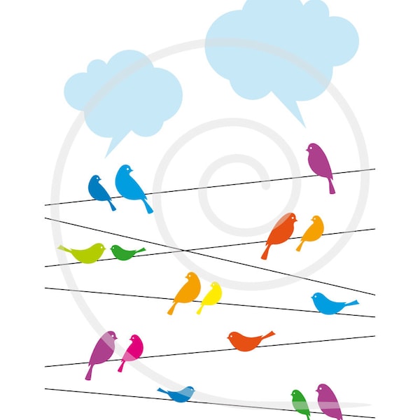 Birds on wire with cloud speech bubbles, blue sky, digital clip art, clipart for announcements, invitations, cards, vector, download