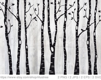 Birch trees SVG, birch tree forest, digital clip art, black and white, cut file for cutting machine, png, jpg, vector, EPS, instant download