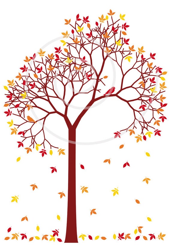 Autumn tree with colorful falling leaves and birds, digital clip 