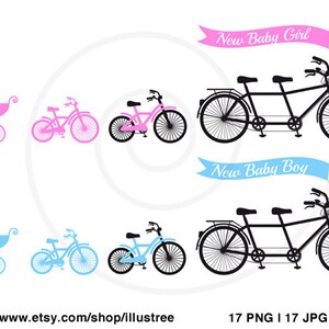 New baby digital clip art, baby shower, boy or girl, tandem family bicycle, children's bike, stroller, buggy, pink, blue, EPS, SVG, download