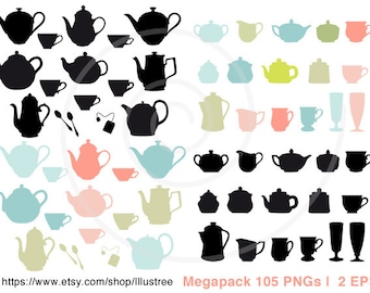 Coffee and tea digital clip art set, cups, mugs, pots, clipart for cards, logo design, graphic design, SVG, commercial use, instant download