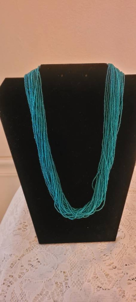Vintage Multi Strand Necklace  Green Seed Beads Bo
