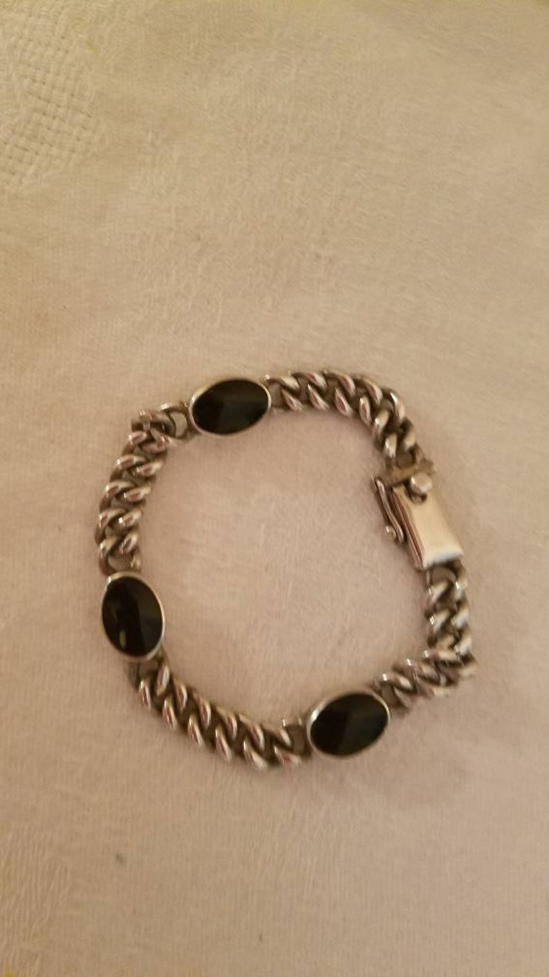 Vintage Sterling Silver Black Onyx Chain Bracelet Mexico 925 REDUCED PRICE
