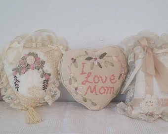 Your Choice Of 4 Vintage Pillows  Lace  Embroidered Heart  Sachet