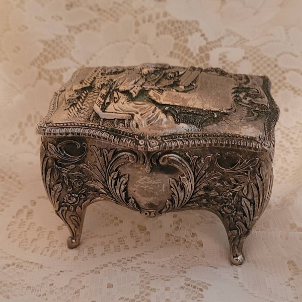 Vintage Art Nouveau Ornate Silver Metal Jewelry Casket Victorian