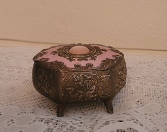 Vintage  Ornate  Gold Metal Jewelry Casket Pink Accents Rose