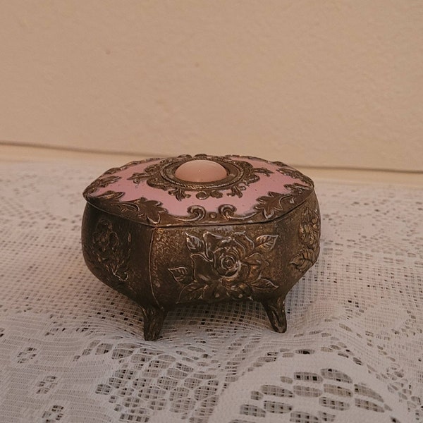 Vintage  Ornate  Gold Metal Jewelry Casket Pink Accents Rose
