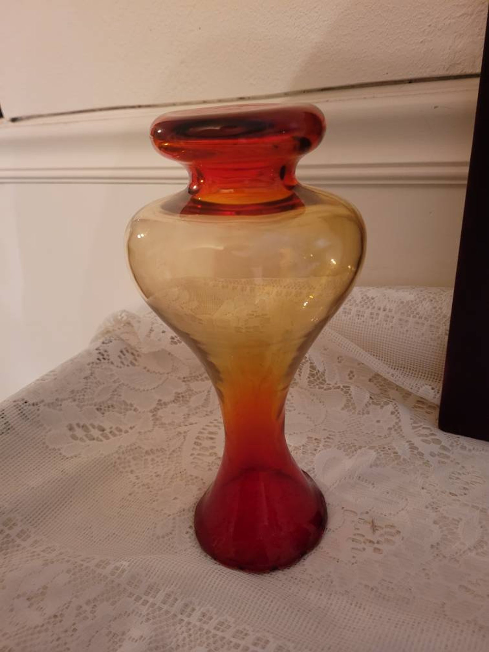 Amberina Art Glass Vase Murano Style Hand Blown Bulbous Etsy