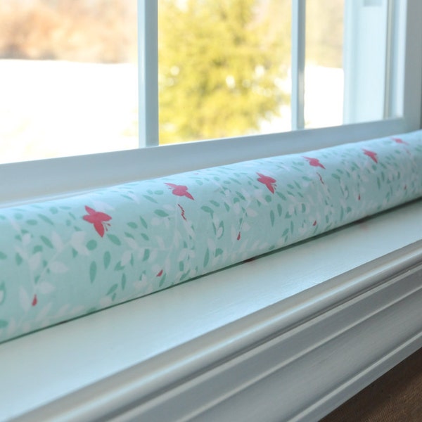 door draft stopper, draught excluder, aqua and red butterflies, draft guard, window snake, pastel colors, Green Decor, handmade, washable