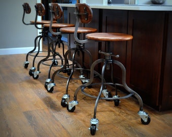Industrial Bar Stool in Steel and Hardwood with Back and Casters
