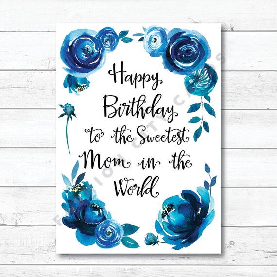 Happy Birthday Card For Mom Blue Watercolor Peonies Etsy