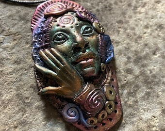 Hand sculpted Face Pendant - Colorful Goddess Necklace