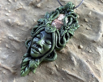 Nature Goddess Pendant with Jasper - Hand Sculpted Clay Goddess Necklace