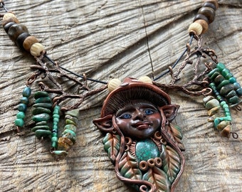 Wood Elf Mushroom Pendant with Beaded Woodland Necklace