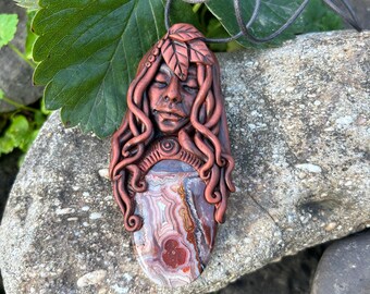Crazy Lace Agate Nature Goddess Pendant - Hand Sculpted Clay Goddess Necklace