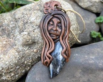 Black Moonstone Clay Goddess Necklace - One of a Kind Goddess Pendant