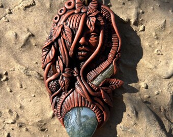 Hand Sculpted Nature Goddess Pendant with Kyanite, Moss Agate, Garnet, Apatite