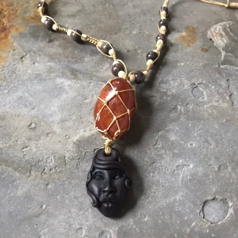Macrame Carnelian and Clay Goddess Talisman for Creativity