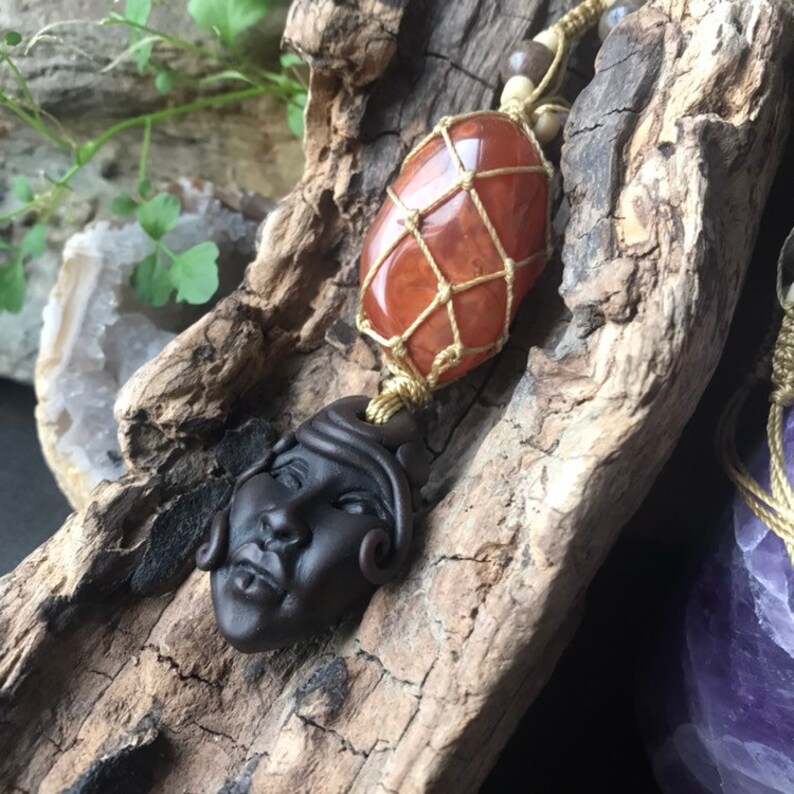 Macrame Carnelian and Clay Goddess Talisman for Creativity