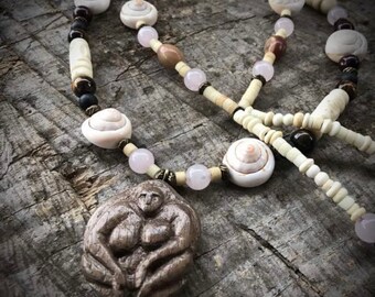 Mother Goddess Beaded Necklace - Hand Carved Walnut Goddess Pendant