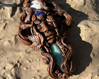 Forest Spirit Necklace with Lapis Lazuli, Howlite, and Amazonite - Hand Sculpted Pendant